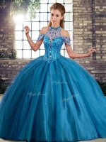 New Arrival Blue Ball Gowns Beading Quinceanera Dresses Lace Up Tulle Sleeveless