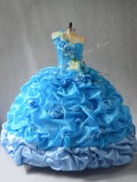 Sleeveless Organza Floor Length Lace Up Quinceanera Gowns in Baby Blue with Pick Ups and Hand Made Flower