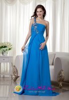 Villa Centenario Argentina Fashionable Blue Empire One Shoulder Brush Train Chiffon Appliques Quinceanera Dama Dress(SKU MLXN047BIZ)