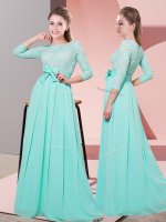 Deluxe 3 4 Length Sleeve Chiffon Floor Length Side Zipper Vestidos de Damas in Apple Green with Lace and Belt