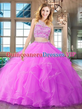Affordable Fuchsia Quinceanera Gown Military Ball and Sweet 16 and Quinceanera with Beading and Ruffles Scoop Sleeveless Brush Train Backless