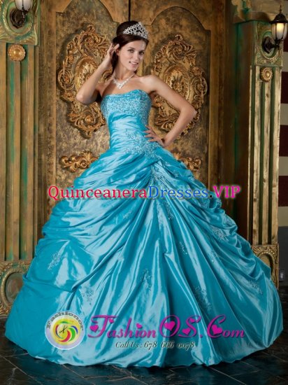 Brunoy France Modest Teal Strapless Appliques Decorate Quinceanera Dress - Click Image to Close