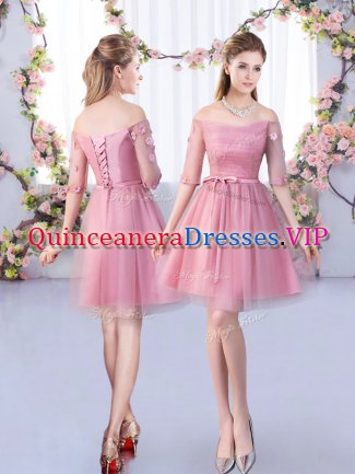 Pink Tulle Lace Up Vestidos de Damas Half Sleeves Mini Length Lace and Belt