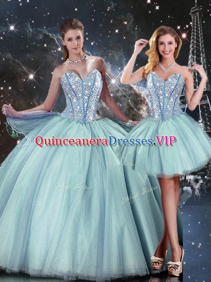 Floor Length Light Blue Ball Gown Prom Dress Tulle Sleeveless Beading - Click Image to Close