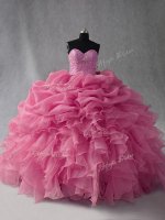 Luxurious Sleeveless Organza Floor Length Lace Up Sweet 16 Dresses in Rose Pink with Beading and Ruffles and Pick Ups