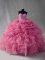 Luxurious Sleeveless Organza Floor Length Lace Up Sweet 16 Dresses in Rose Pink with Beading and Ruffles and Pick Ups