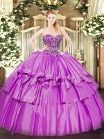 Superior Lilac Sweetheart Neckline Beading and Ruffled Layers Quince Ball Gowns Sleeveless Lace Up
