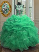 Green Ball Gowns Scoop Sleeveless Organza Floor Length Lace Up Beading and Ruffles Sweet 16 Quinceanera Dress