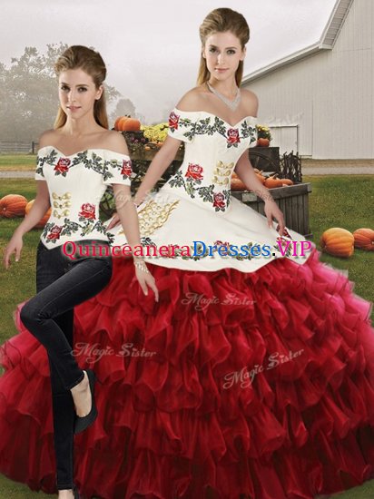 Glorious Two Pieces Quinceanera Gowns Wine Red Off The Shoulder Organza Sleeveless Floor Length Lace Up - Click Image to Close