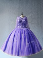 Sophisticated Long Sleeves Floor Length Beading Lace Up Quinceanera Gown with Lavender