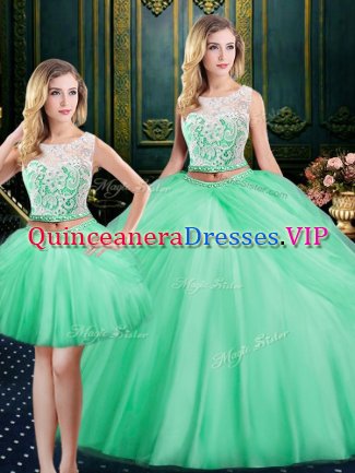 Glorious Three Piece Apple Green Sweet 16 Dresses Military Ball and Sweet 16 and Quinceanera with Lace and Pick Ups Scoop Sleeveless Lace Up