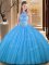 Inexpensive Baby Blue Ball Gowns Tulle High-neck Sleeveless Embroidery Floor Length Backless Quinceanera Gowns