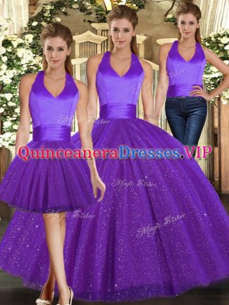 Affordable Purple Sequined Lace Up Halter Top Sleeveless Floor Length Sweet 16 Dress Ruching