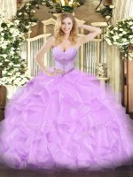 Dramatic Lavender Ball Gowns Sweetheart Sleeveless Organza Floor Length Lace Up Beading and Ruffles 15 Quinceanera Dress