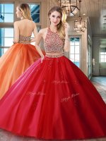 Super Tulle Halter Top Sleeveless Brush Train Backless Beading and Appliques Quinceanera Gown in Red