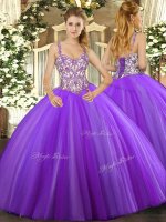 Sleeveless Floor Length Beading and Appliques Lace Up Sweet 16 Dresses with Lavender