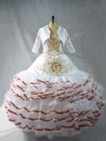 Noble White Organza Lace Up Quinceanera Dresses Sleeveless Floor Length Embroidery and Ruffled Layers