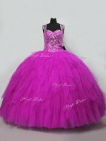 Chic Fuchsia Sleeveless Beading and Ruffles Floor Length Quinceanera Dresses