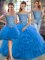 Blue Tulle Lace Up Off The Shoulder Sleeveless Quinceanera Gown Brush Train Beading and Ruffles