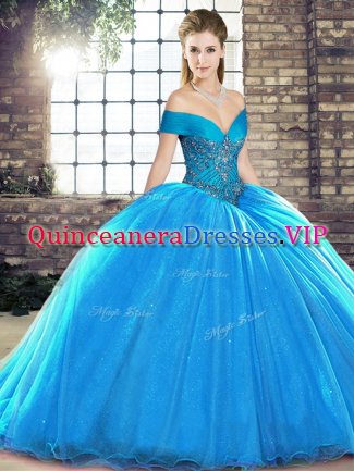 Beading Quinceanera Dress Blue Lace Up Sleeveless Brush Train