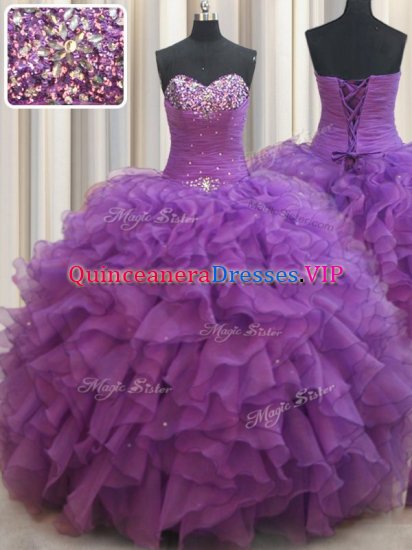 Vintage Sweetheart Sleeveless Quinceanera Gown Floor Length Beading and Ruffles Eggplant Purple Organza - Click Image to Close
