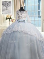 Light Blue 15th Birthday Dress Military Ball and Sweet 16 and Quinceanera with Beading and Lace and Bowknot Scalloped Half Sleeves Brush Train Lace Up