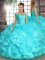 Popular Aqua Blue Off The Shoulder Neckline Beading and Ruffles Sweet 16 Quinceanera Dress Sleeveless Lace Up