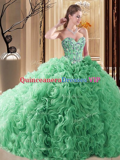 Turquoise Vestidos de Quinceanera Fabric With Rolling Flowers Court Train Sleeveless Embroidery and Ruffles - Click Image to Close