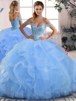 Shining Off The Shoulder Sleeveless Tulle Vestidos de Quinceanera Beading and Ruffles Lace Up(SKU SJQDDT2072002BIZ)