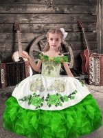 Off The Shoulder Sleeveless Kids Pageant Dress Floor Length Beading and Embroidery and Ruffles Green Organza