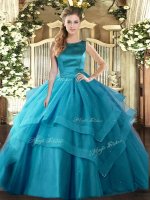 Ruffled Layers Ball Gown Prom Dress Teal Lace Up Sleeveless Floor Length