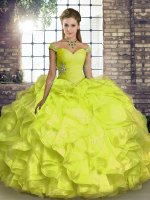 Yellow Ball Gowns Off The Shoulder Sleeveless Organza Floor Length Lace Up Beading and Ruffles Sweet 16 Dresses