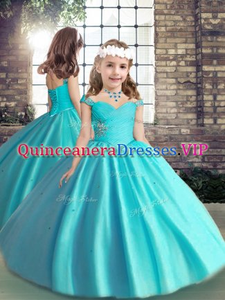 Baby Blue Sleeveless Floor Length Beading and Ruching Lace Up Pageant Dress