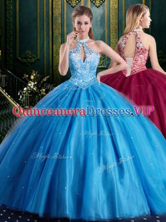 Edgy Halter Top Sleeveless Floor Length Beading and Lace and Appliques Lace Up Sweet 16 Dress with Baby Blue