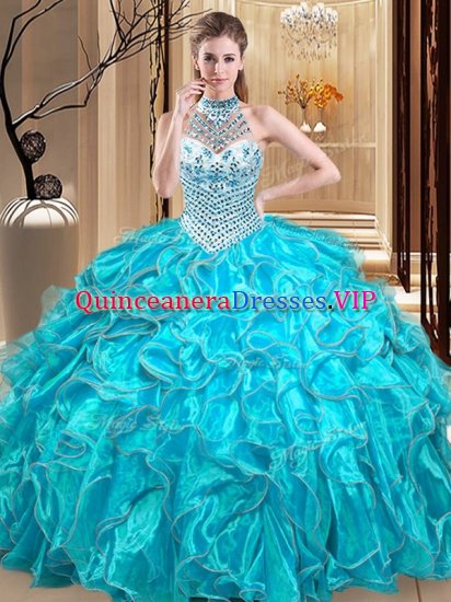 Halter Top Sleeveless Lace Up Floor Length Beading and Ruffles Quinceanera Dresses - Click Image to Close