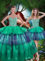 Turquoise Organza Lace Up Sweetheart Sleeveless Floor Length Military Ball Gown Beading and Ruffled Layers