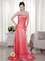 Eldorado Argentina Watermelon Strapless Beading Embellishment Quinceanera Dama Dress Brush Train Satin Column / Sheath(SKU MLXN165BIZ)