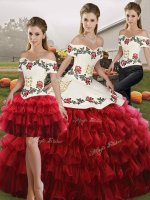 Inexpensive Wine Red Three Pieces Embroidery and Ruffled Layers 15 Quinceanera Dress Lace Up Organza Sleeveless Floor Length