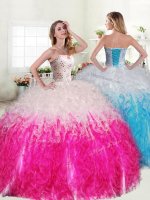 Sweetheart Sleeveless 15th Birthday Dress Floor Length Beading and Ruffles Pink And White Organza