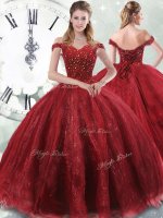 Perfect Wine Red Tulle Lace Up Off The Shoulder Sleeveless Sweet 16 Dress Brush Train Beading