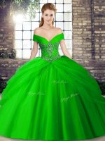 Fitting Tulle Off The Shoulder Sleeveless Brush Train Lace Up Beading and Pick Ups Quinceanera Gown in Green(SKU SJQDDT2088002-7BIZ)