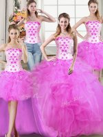 Four Piece Tulle Strapless Sleeveless Lace Up Beading and Appliques and Ruffles Quinceanera Gown in Fuchsia
