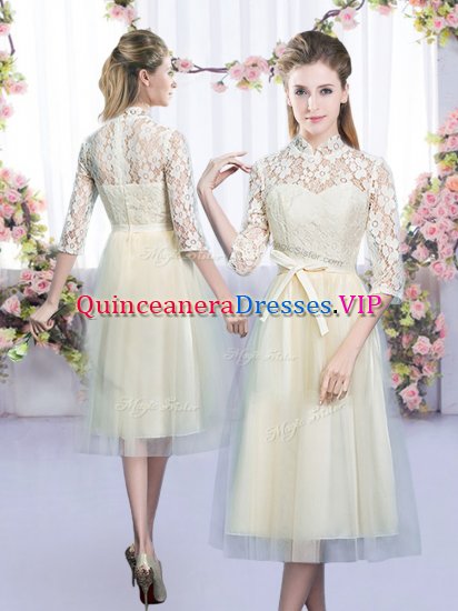 Half Sleeves Zipper Tea Length Lace and Bowknot Court Dresses for Sweet 16 - Click Image to Close