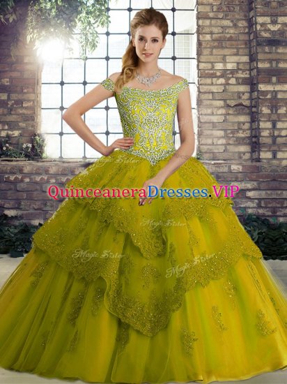 Deluxe Beading and Lace Sweet 16 Dresses Olive Green Lace Up Sleeveless Brush Train - Click Image to Close