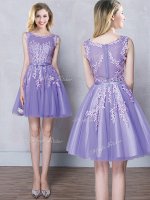 Eye-catching Scoop Sleeveless Tulle Mini Length Zipper Quinceanera Court of Honor Dress in Lavender with Appliques and Belt