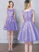 Eye-catching Scoop Sleeveless Tulle Mini Length Zipper Quinceanera Court of Honor Dress in Lavender with Appliques and Belt(SKU BMT0245BIZ)