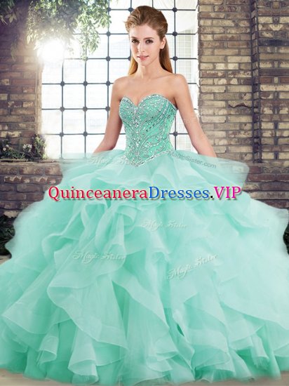 Perfect Apple Green Tulle Lace Up 15th Birthday Dress Sleeveless Brush Train Beading and Ruffles - Click Image to Close