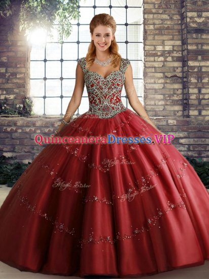 Wine Red Straps Neckline Beading and Appliques 15 Quinceanera Dress Sleeveless Lace Up - Click Image to Close