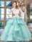 Scoop Ruffled Aqua Blue Long Sleeves Tulle and Lace Zipper Sweet 16 Quinceanera Dress for Military Ball and Sweet 16 and Quinceanera