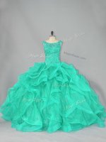 Sleeveless Floor Length Beading and Ruffles Lace Up Vestidos de Quinceanera with Turquoise